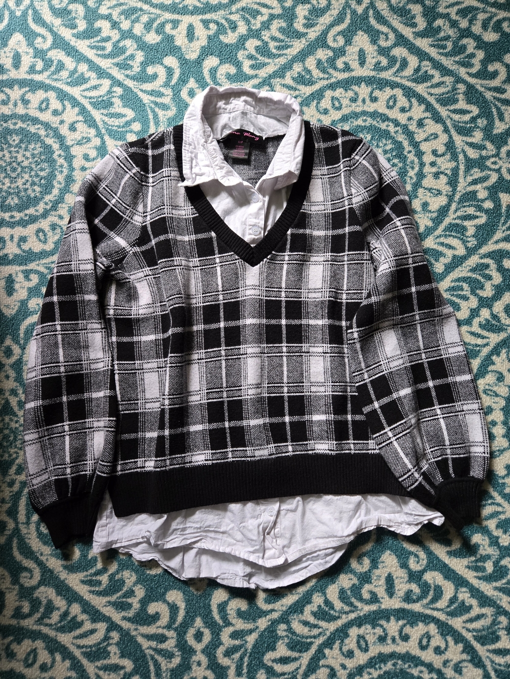 Plaid V-Neck Layered Pullover Sweatshirt Hoodie - Black & White